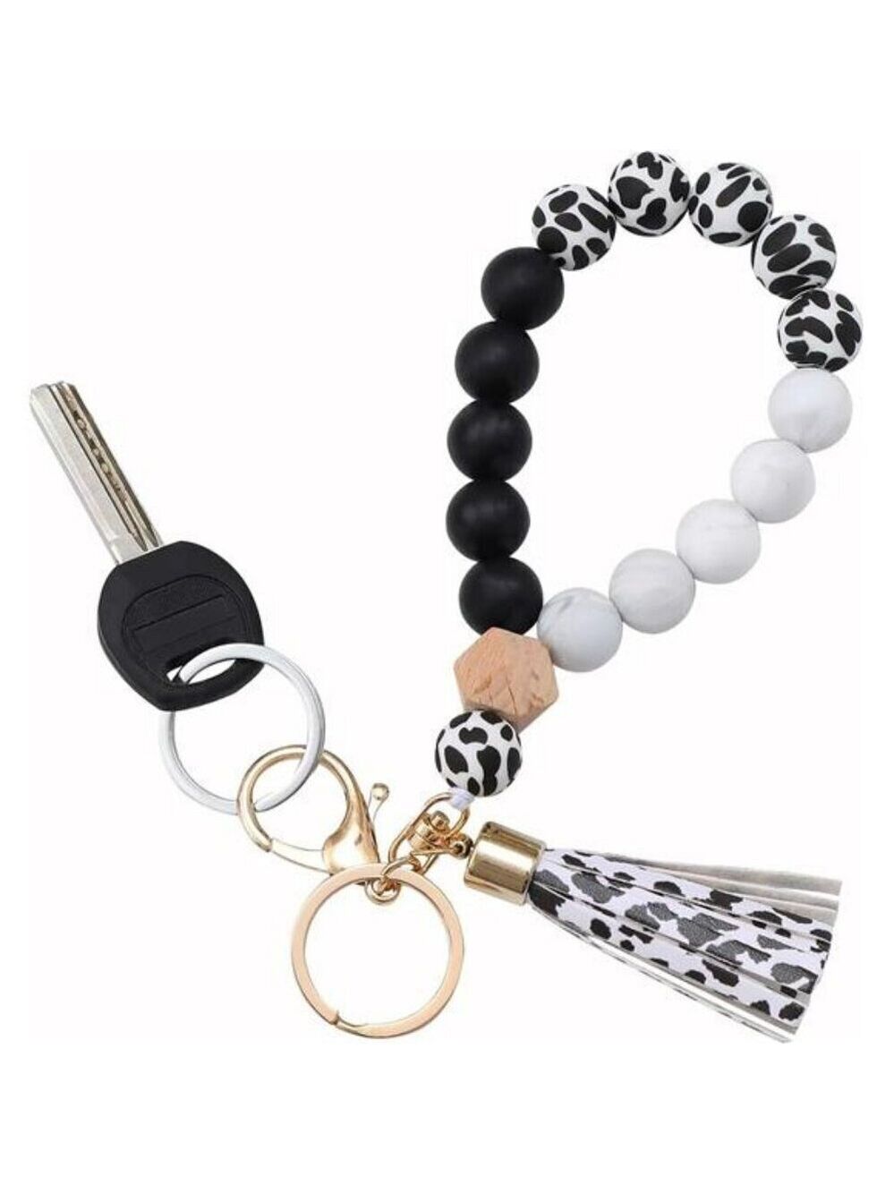 Beaded Silicone Key Ring Bracelet Wristlet Keychain with Tassel for Women